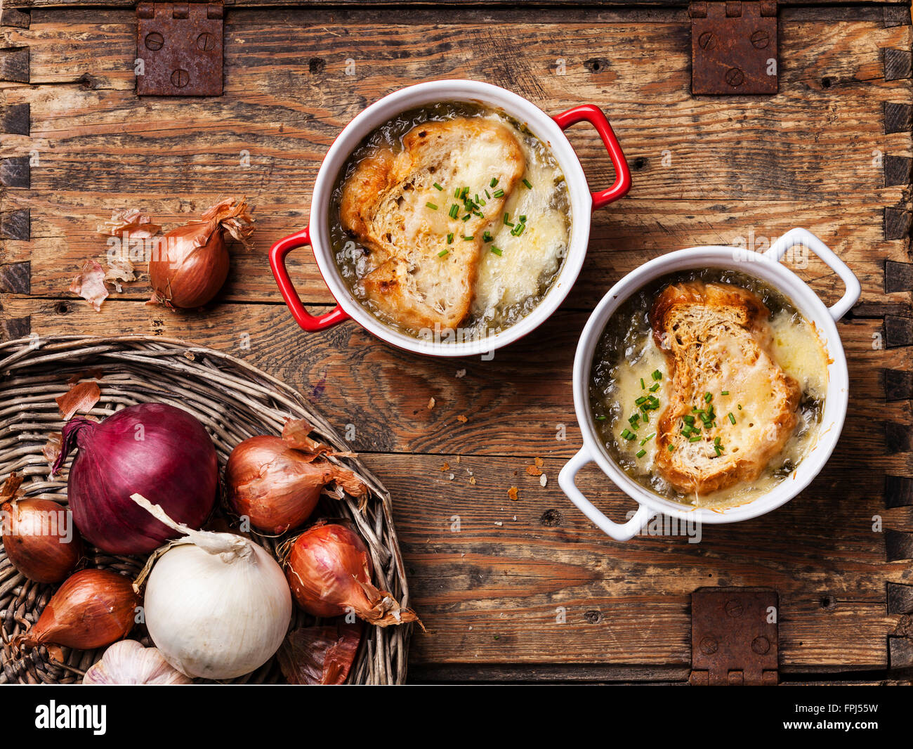 Onion soup with dried bread and cheddar cheese Stock Photo