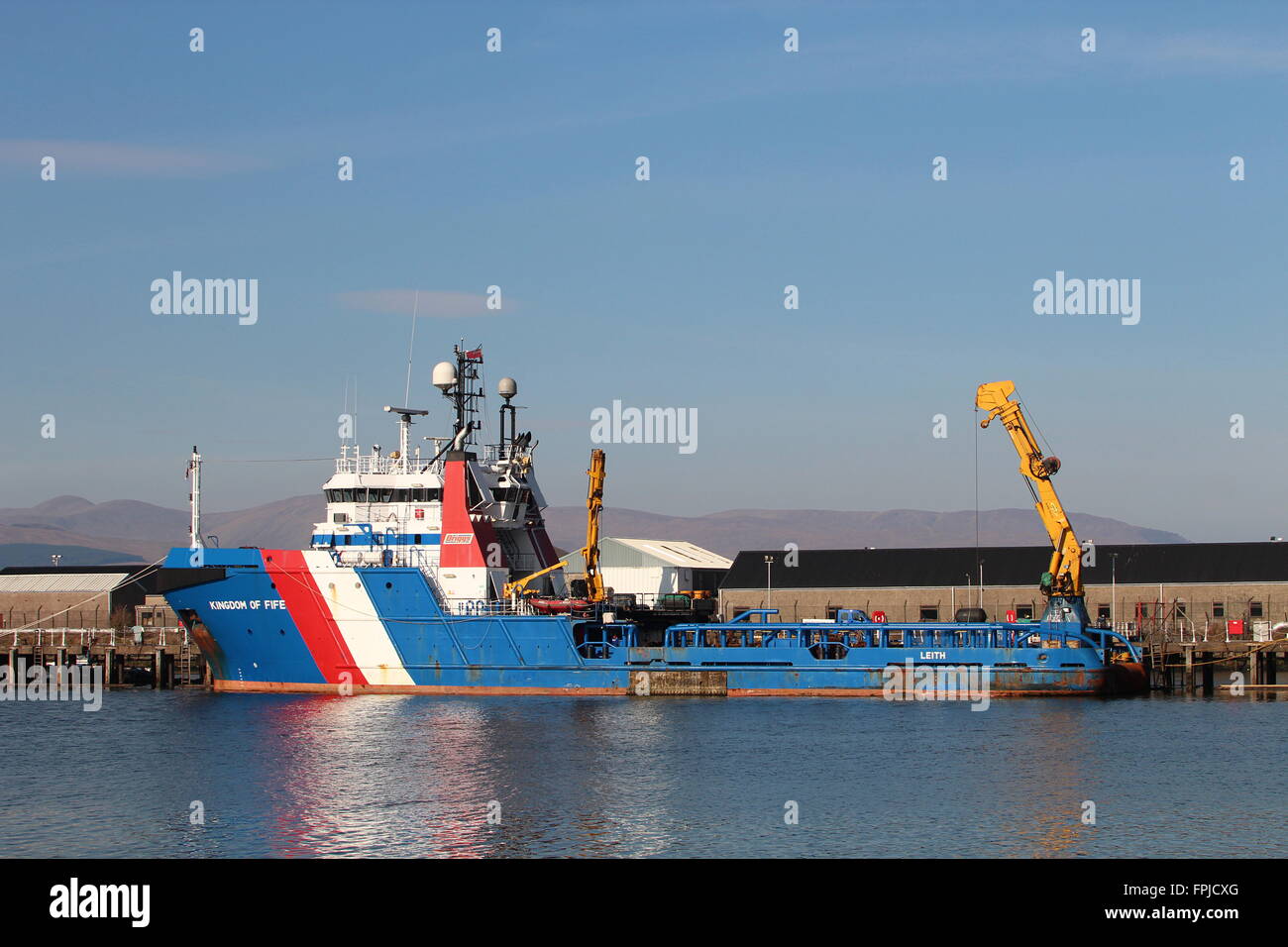 Kingdom of Fife, an offshore tug and supply vessel operated by Briggs Marine, at Great Harbour in Greenock, Inverclyde. Stock Photo