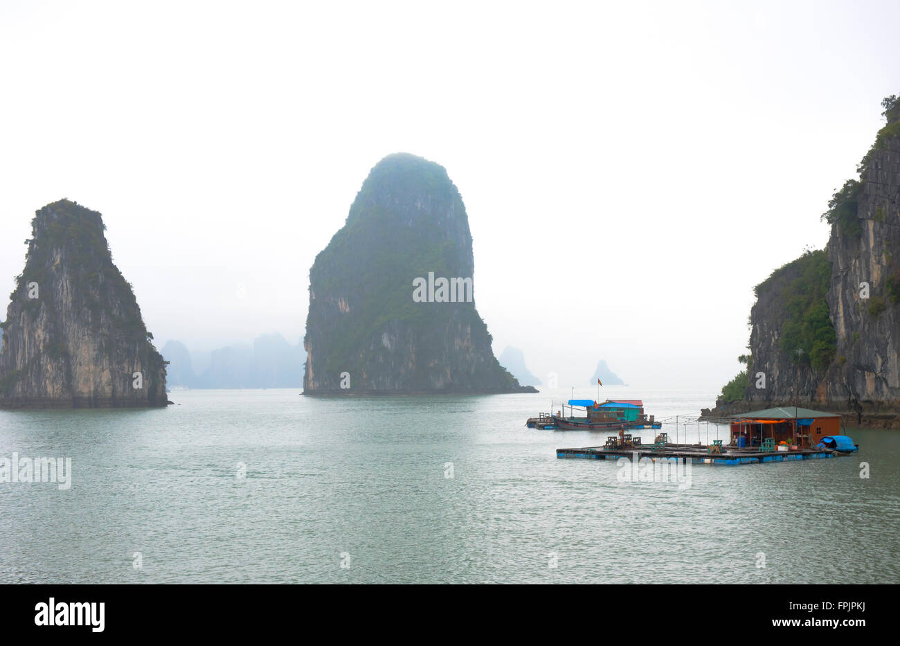 View of the dramatic and mysterious Halong Bay, Vietnam with floating houses, with dogs,  in the foreground which support  fish  Stock Photo