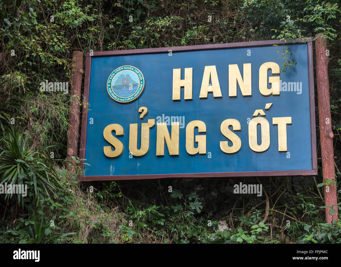 Sign for Hang Sung Sot cave on the cliff on an island in Halong Bay, Vietnam surrounded by tropical vegetation. Stock Photo