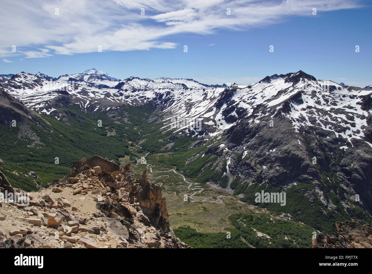 Valley Arroyo Rucaco, right: Cerro Tres Reyes, back: Tronador, Nahuel Huapi National Park, Bariloche, Argentinia Stock Photo