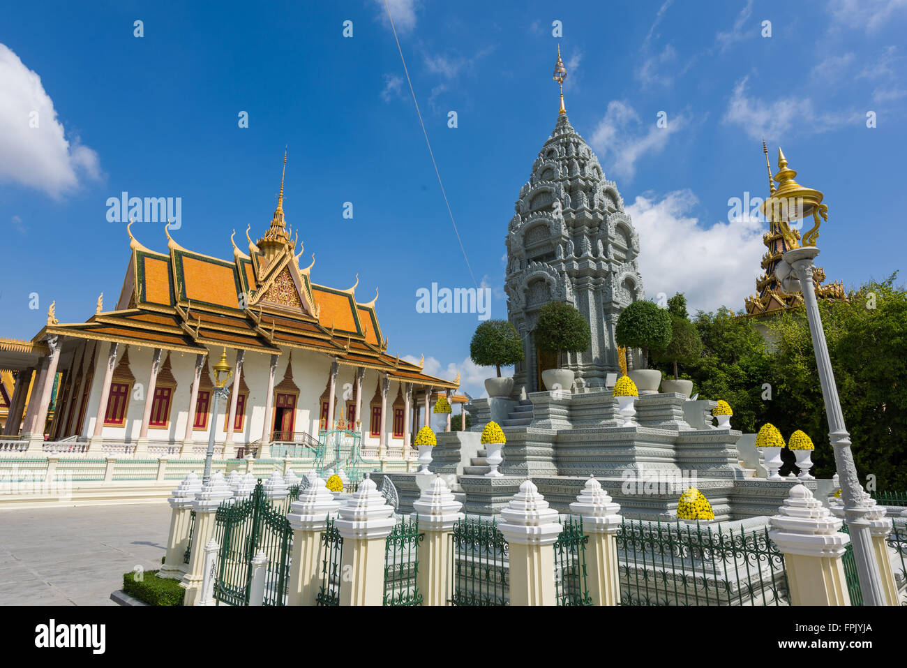 Silver Pagoda complex with accompanying stone pagoda in Cambodia. Stock Photo