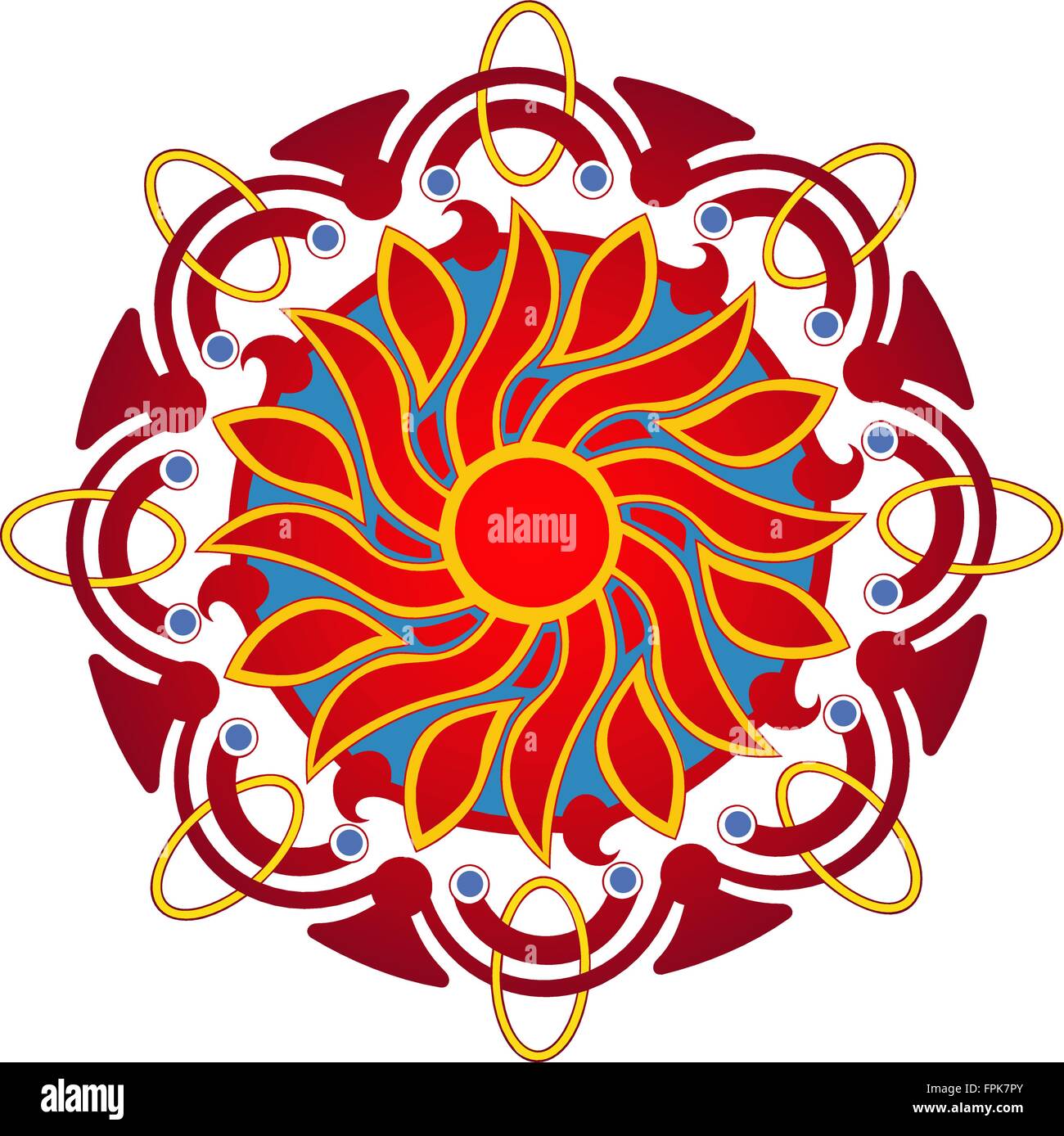 blazing sun mandala eight sided with rings and things stock vector