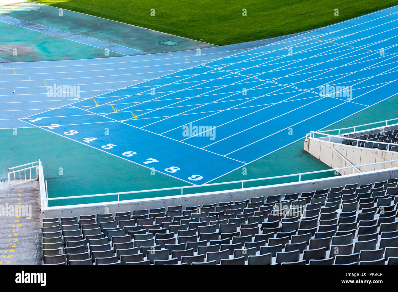 Start line of the Estadi Olímpic Lluís Companys stadium in Barcelona. Stock Photo