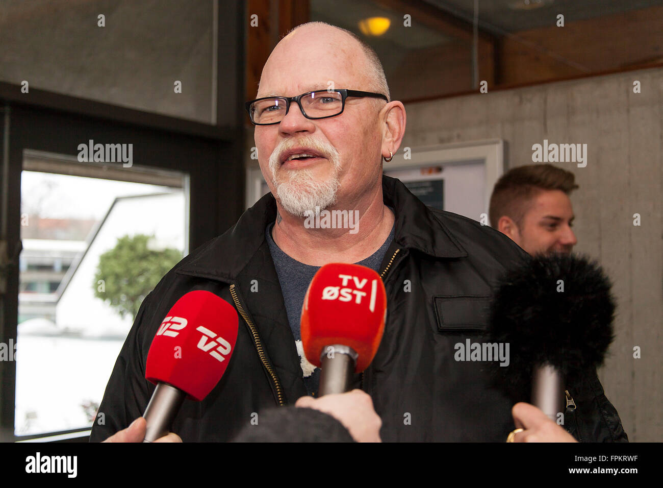 Kalundborg, Denmark, March 19th, 2016. Spokesman, Arne Andersen, from the anti-Muslim right-wing group Soldiers of Odin is beeing interviewed to the press about the vigilant groups plans about establishing a local branch in Kalundborg. Credit:  OJPHOTOS/Alamy Live News Stock Photo