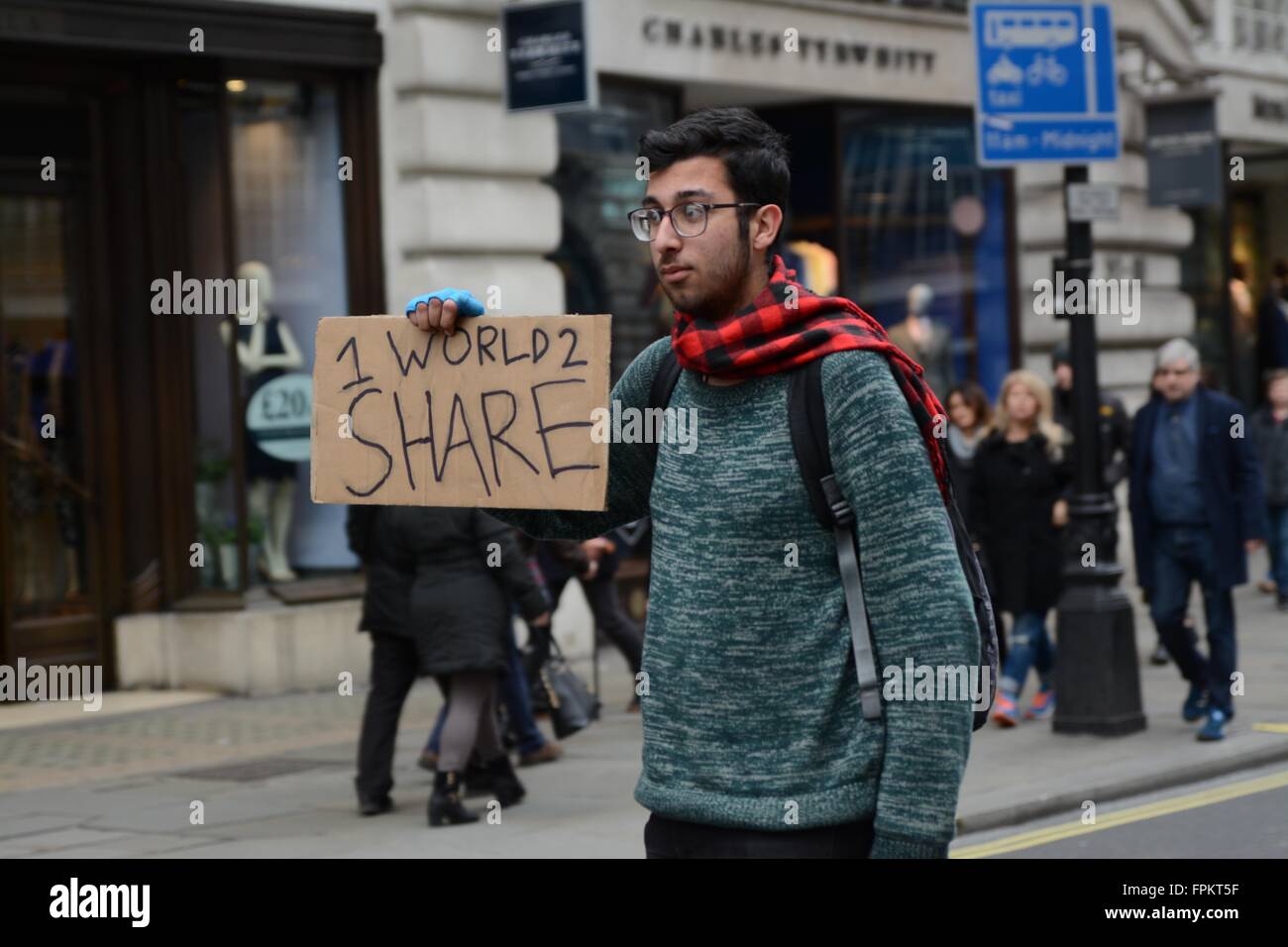 London, UK. March 19th 2016. Protester on a skateboard skates down Regent's Street. Credit:  Marc Ward/Alamy Live News Stock Photo