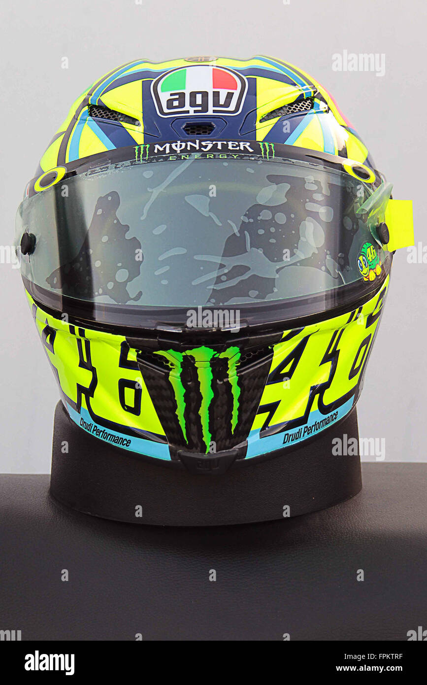 Doha, Qatar. 18th March, 2016. The new helmet of Valentino Rossi of Italy  and Yamaha Factory Racing during MotoGP of Qatar - at Losail Circuit on  March 18, 2016 in Doha, Qatar. (