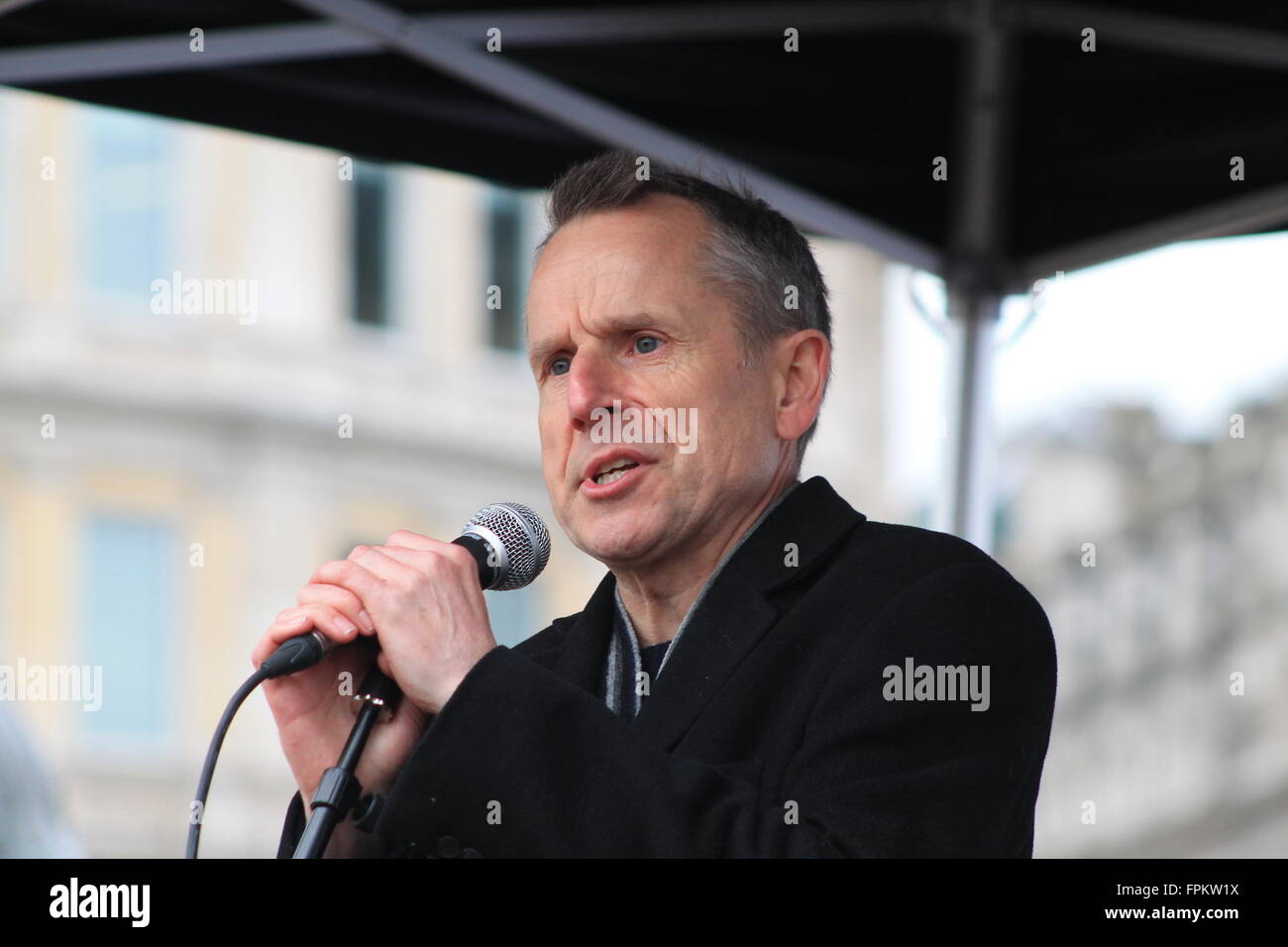 Comedian Jeremy Hardy Addresses The Crowd In Trafalgar Square London 