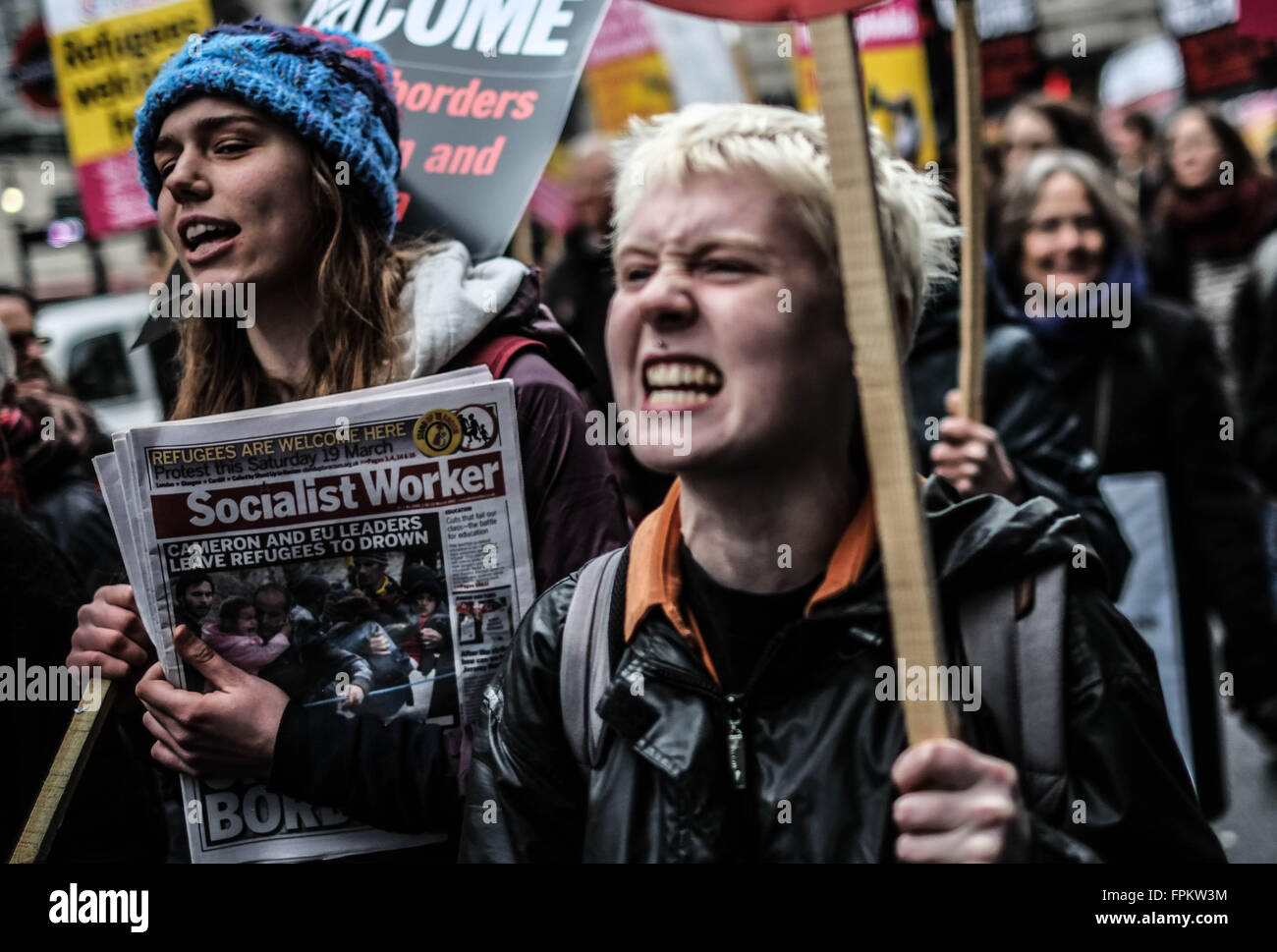 London, UK. 19th March, 2016. Thousands of people march through London to show solidarity with refugees. Far right group Briton first held a counter demonstration in Piccadilly circus Credit:  Jay Shaw-Baker/Alamy Live News Stock Photo