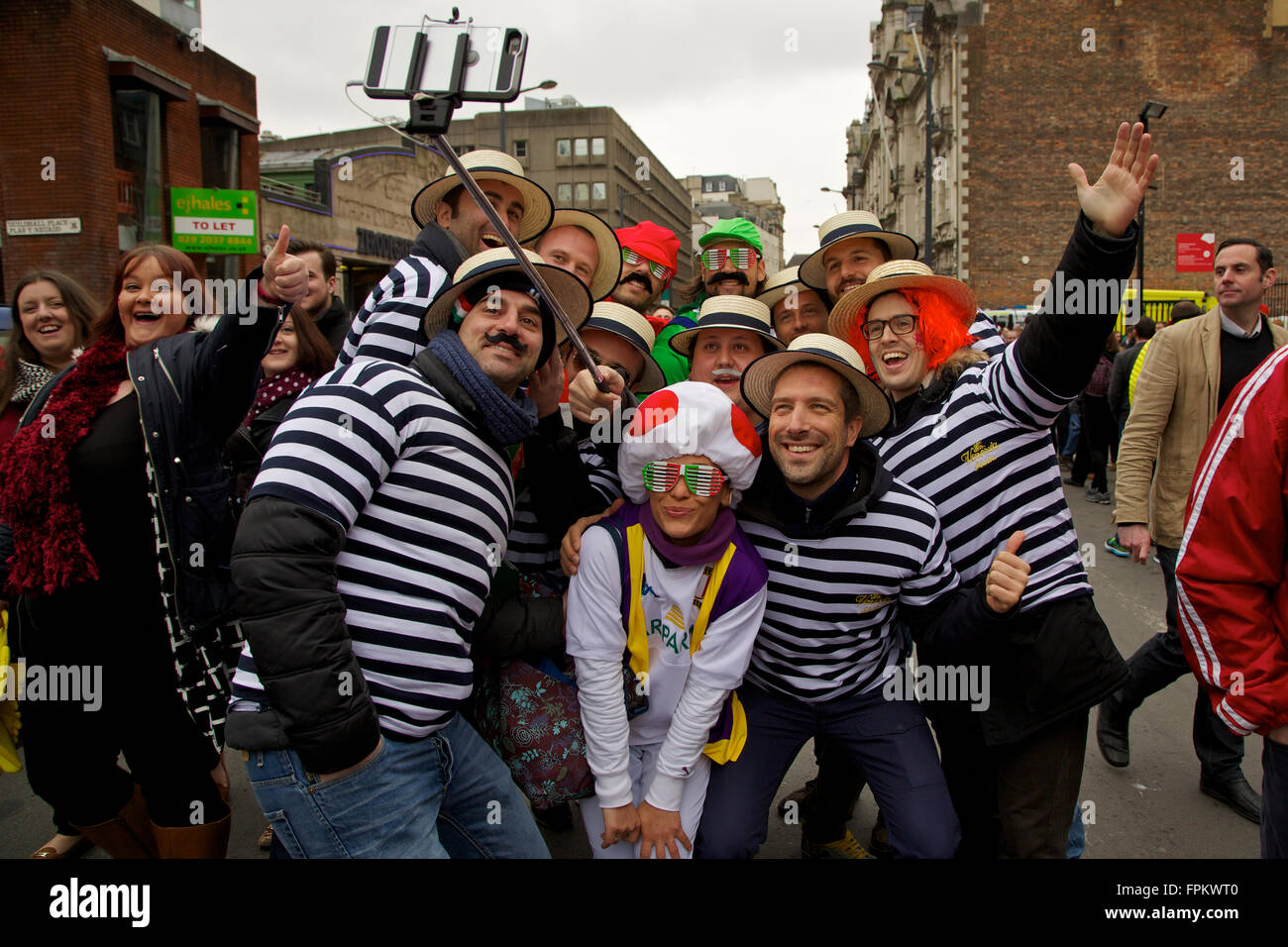 Principality Stadium, Cardiff, Wales, UK. 19th March 2016. Italian and Welsh fans enjoy pre match celebrations before Wales v. Italy Rugby Union Six Nations Championship Game. Wales went on to win the game 67-14. Credit:  Haydn Denman/Alamy Live News Stock Photo