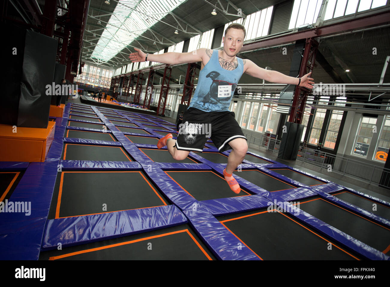 Berlin, Germany. 18th Mar, 2016. Keb showing his skills in Germany's  biggest trampoline park Jump House in Berlin, Germany, 18 March 2016. The  Jump House Berlin offers 120 trampolines on more than