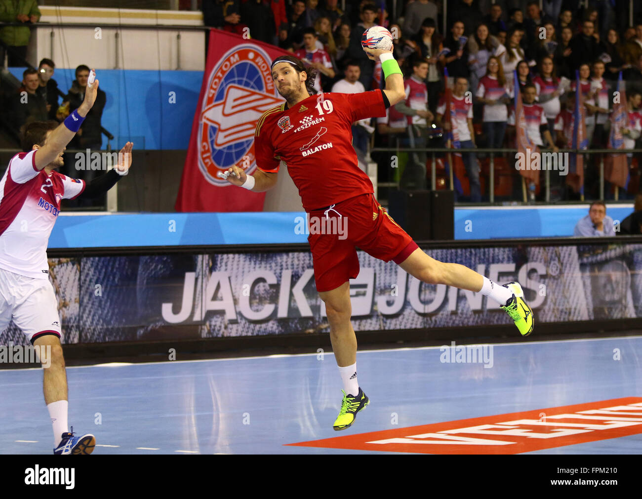 Kyiv, Ukraine. 19th March, 2016. Laszlo Nagy of MVM Veszprem in action  during the 2015/16 VELUX EHF Champions League Last 16 Handball game against  HC Motor at Ice Terminal Brovary in Kyiv,