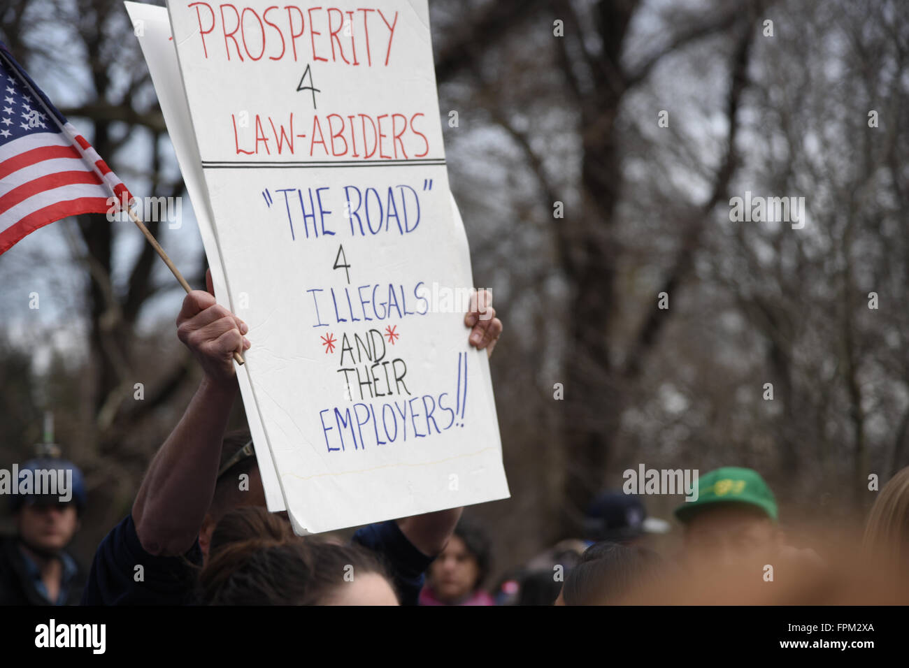 New York, USA, 19 March 2016: pro-Trump activists on hand during NYC rally against Republican front runner Donald Trump Credit:  Andrew Katz/Alamy Live News Stock Photo