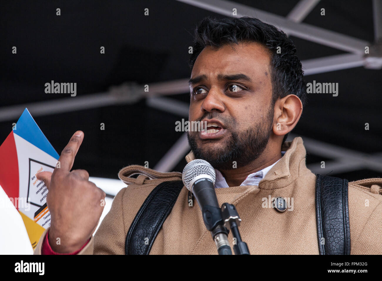 London, UK. 19th March, 2016. Shamiul Joarder of Friends of Al Aqsa addresses thousands of anti-racist campaigners at the Stand Up To Racism rally in Trafalgar Square. Credit:  Mark Kerrison/Alamy Live News Stock Photo