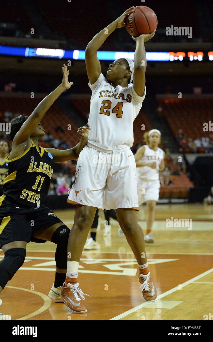 March 19, 2016. Ariel Atkins #24 of the Texas Longhorns in action vs Alabama State Lady Hornets at the Frank Erwin Center in Austin Texas. Texas leads 32-23 at the half.Robert Backman/Cal Sport Media. Stock Photo
