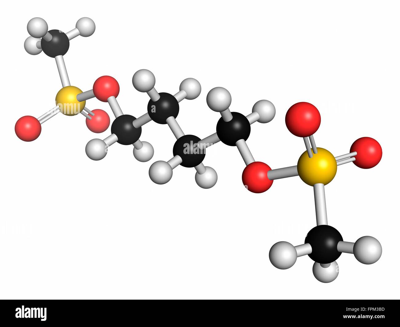Busulfan cancer chemotherapy drug molecule (alkylating agent). Atoms are represented as spheres