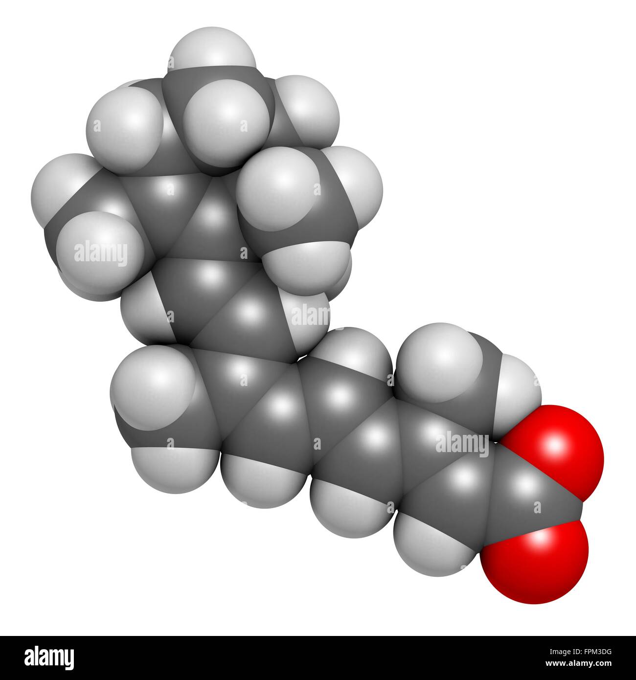 Alitretinoin (9-cis-retinoic acid) cancer   eczema drug molecule. Analog of vitamin A. Atoms are represented as spheres with c Stock Photo