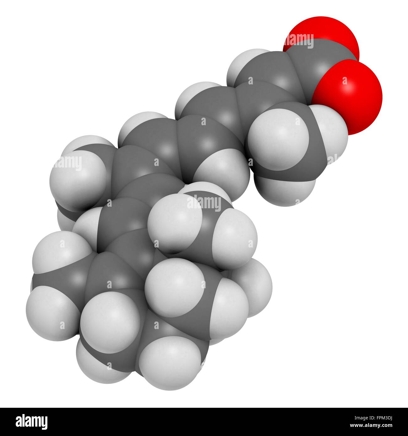 Alitretinoin (9-cis-retinoic acid) cancer   eczema drug molecule. Analog of vitamin A. Atoms are represented as spheres with c Stock Photo