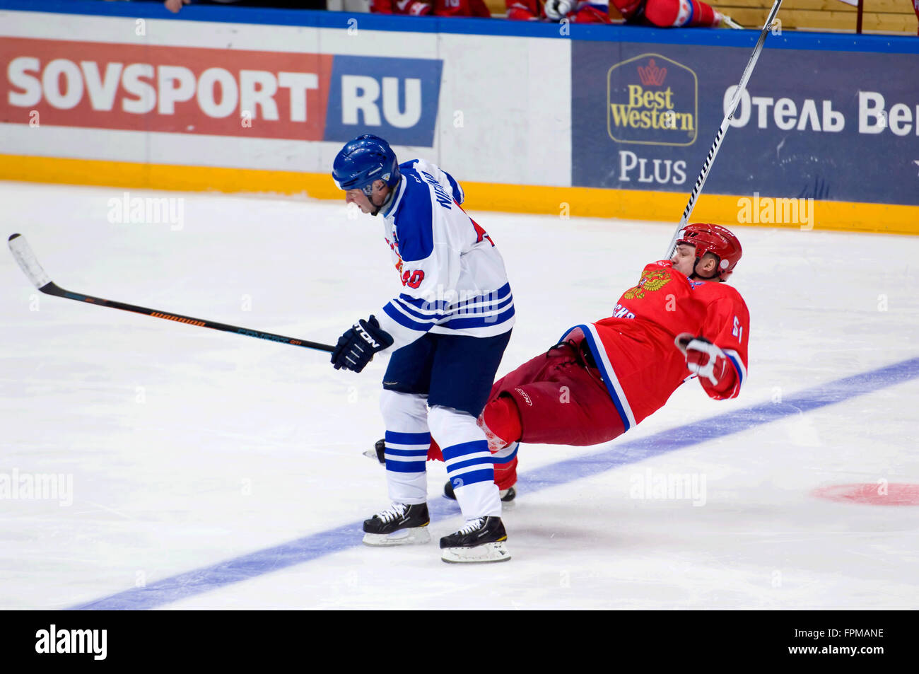 MOSCOW - JANUARY 29, 2016: A. Kovalenko (51) fall down on hockey game  Finland vs Russia on League of World legends of Ice hockey championship in  VTB ice arena, Russia. Russia won 6:2 Stock Photo - Alamy