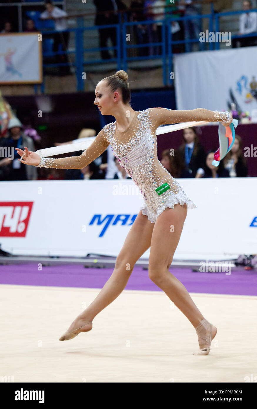 MOSCOW, RUSSIA - FEBRUARY 20, 2016: Irina Annenkova, Russia, on Rhythmic gymnastics Alina Cup Grand Prix Moscow - 2016 on February 20, 2016, in Moscow, Russia Stock Photo