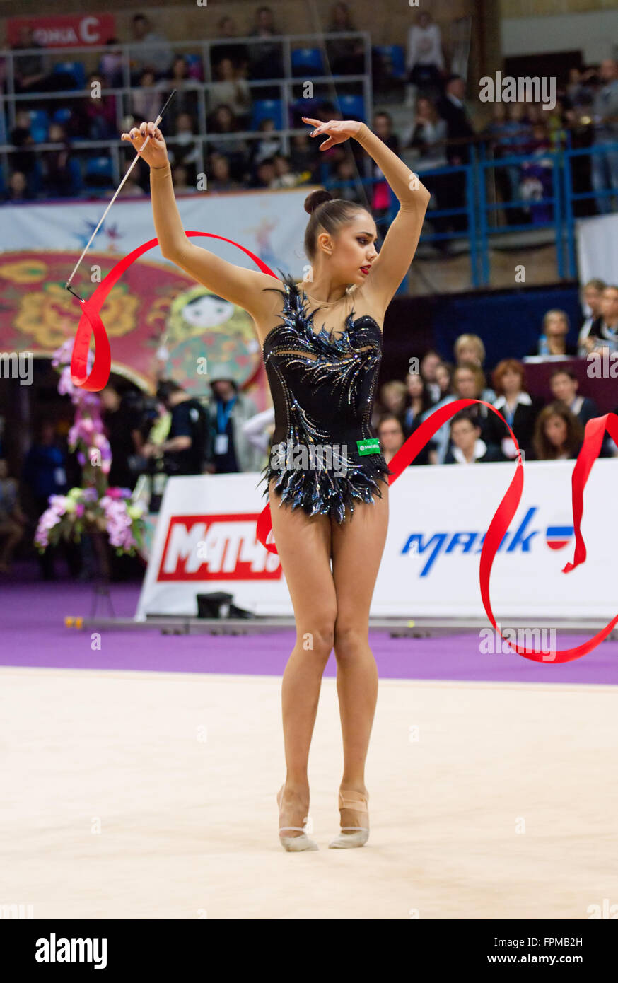 MOSCOW, RUSSIA - FEBRUARY 20, 2016: Margarita Mamun, Russia, on Rhythmic gymnastics Alina Cup Grand Prix Moscow - 2016 on February 20, 2016, in Moscow, Russia Stock Photo