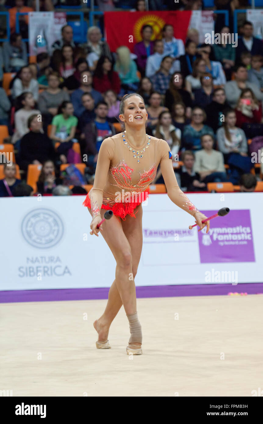 MOSCOW, RUSSIA - FEBRUARY 20, 2016: Monika Mickova, Czech Republic, on Rhythmic gymnastics Alina Cup Grand Prix Moscow - 2016 on February 20, 2016, in Moscow, Russia Stock Photo