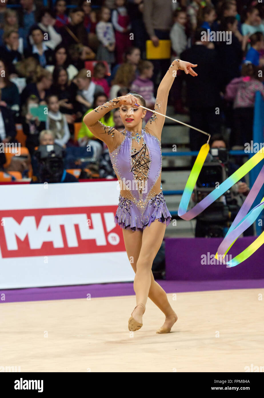 MOSCOW, RUSSIA - FEBRUARY 20, 2016: Anna Luiza Filiorianu, Romania, on Rhythmic gymnastics Alina Cup Grand Prix Moscow - 2016 on February 20, 2016, in Moscow, Russia Stock Photo