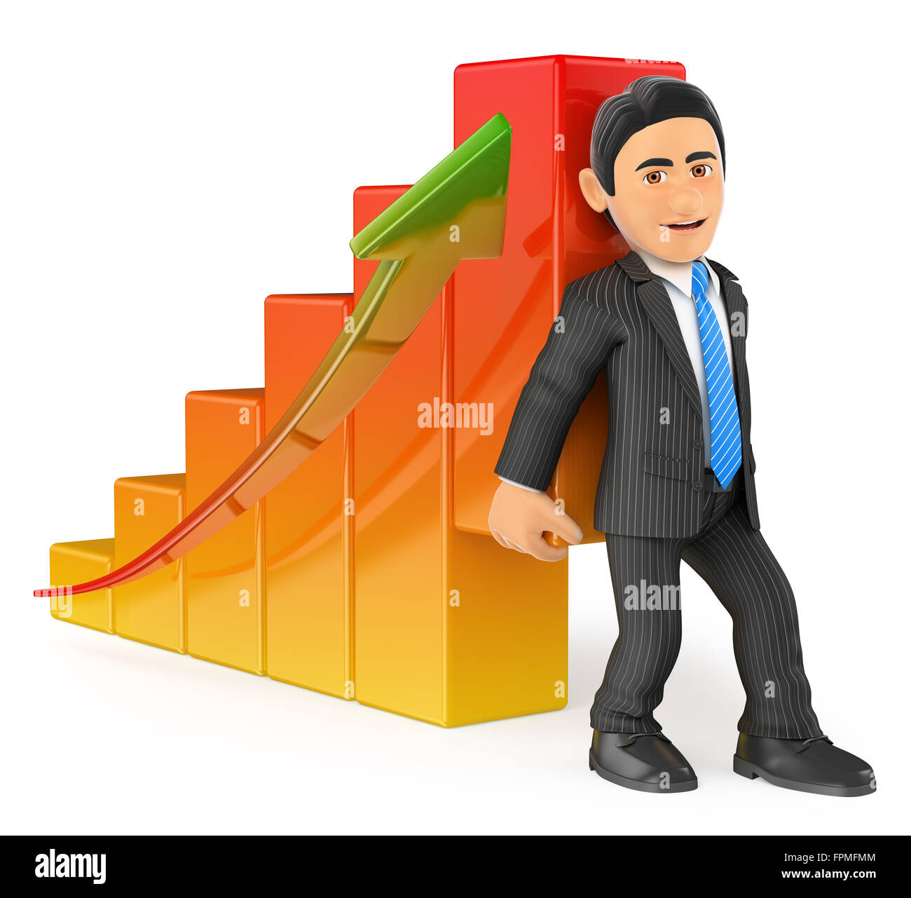 3d business people. Businessman lifting up the economy bar graph. Isolated white background. Stock Photo