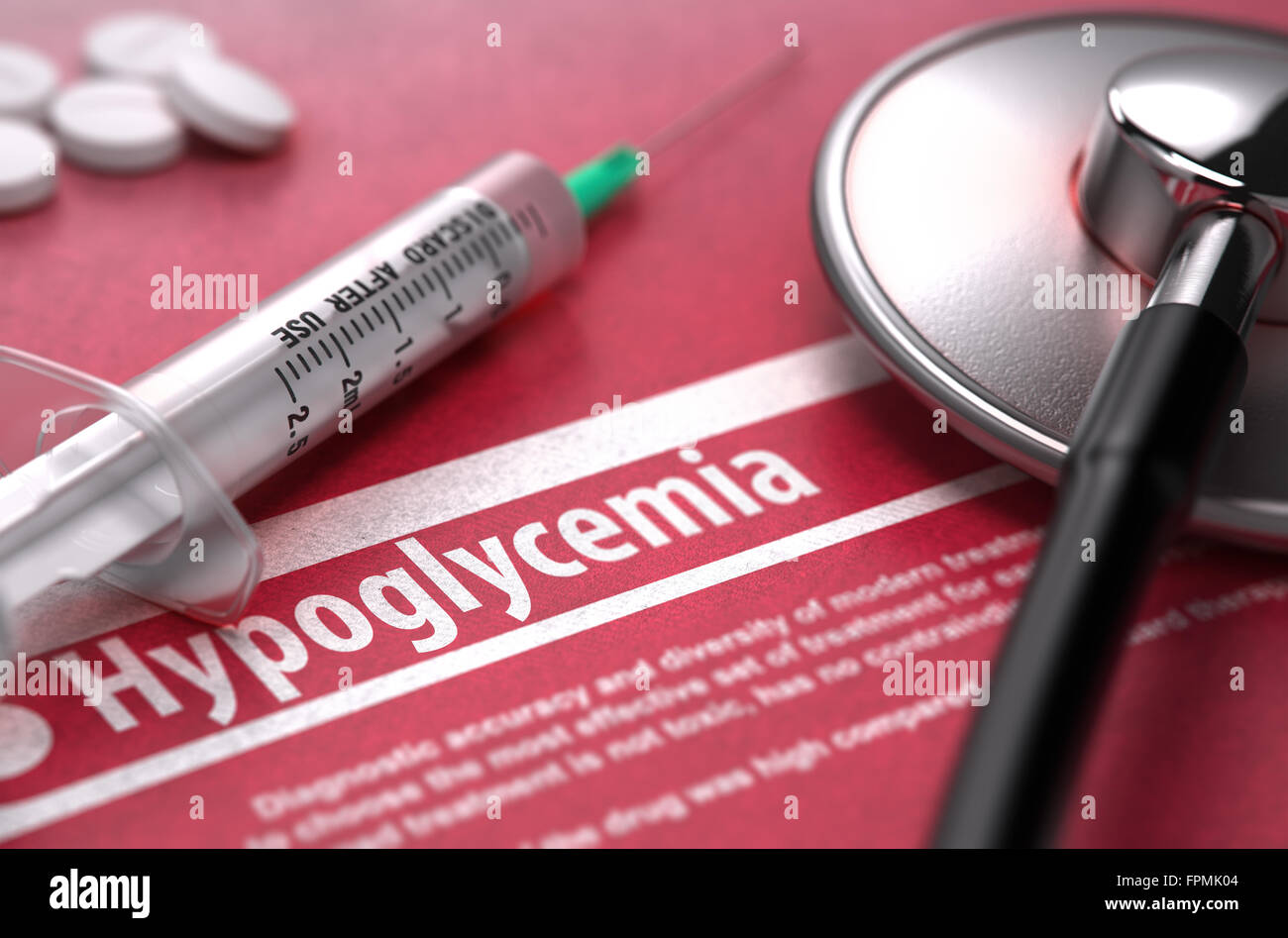Hypoglycemia. Medical Concept on Red Background. Stock Photo