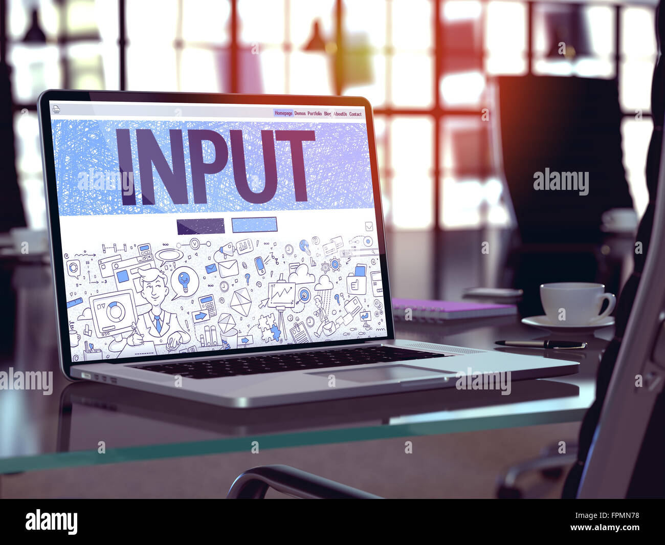 Input on Laptop in Modern Workplace Background Stock Photo - Alamy
