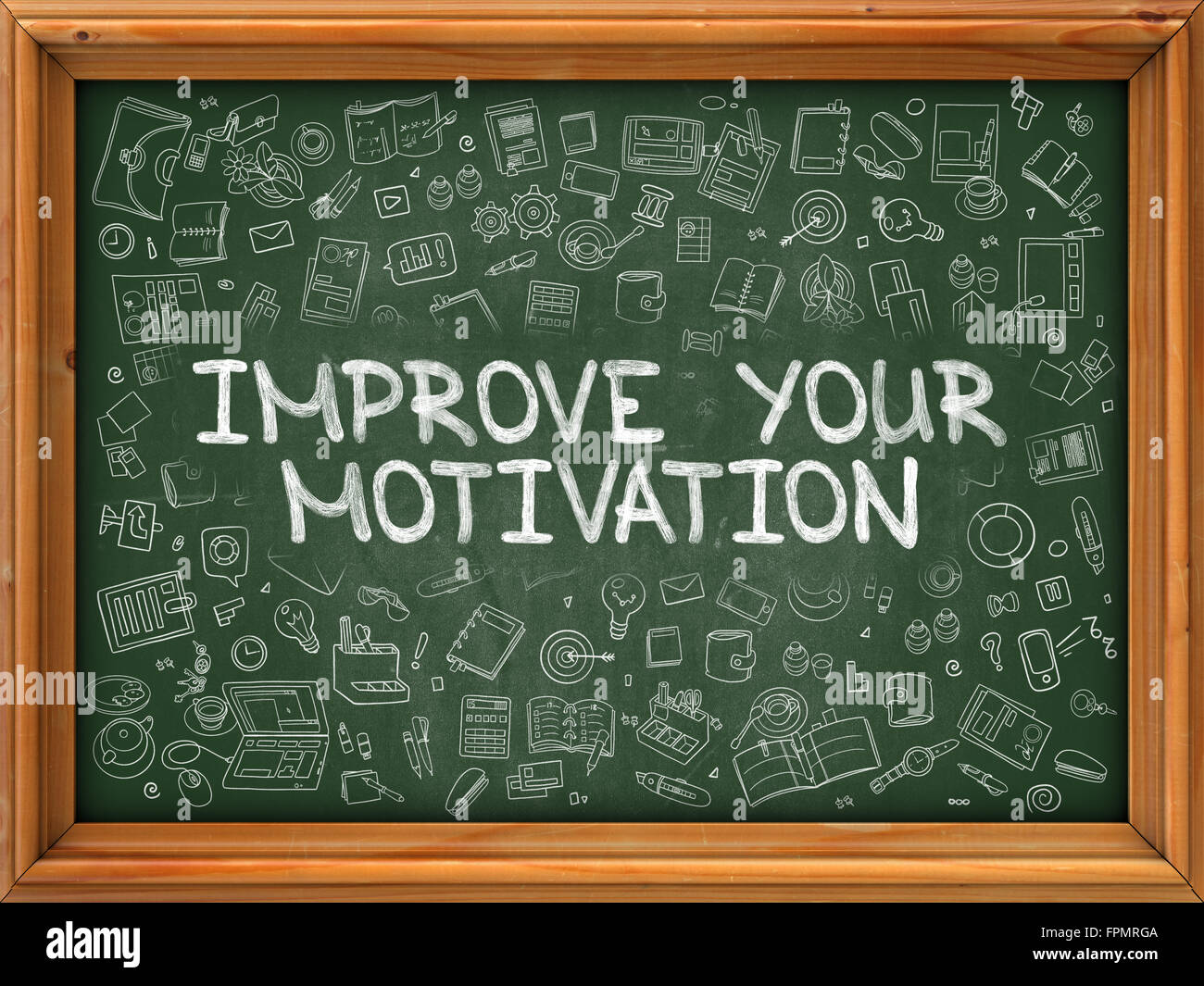 Green Chalkboard with Hand Drawn Improve Your Motivation. Stock Photo