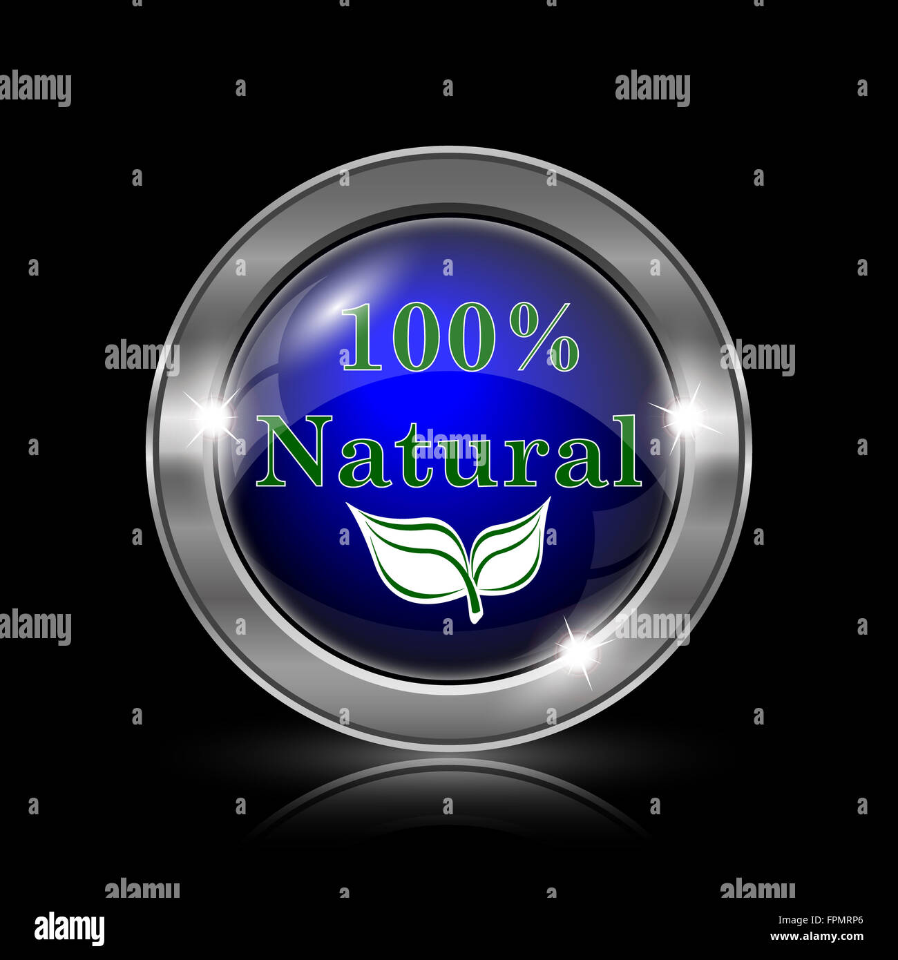 100 percent natural icon. Metallic internet button on black background ...