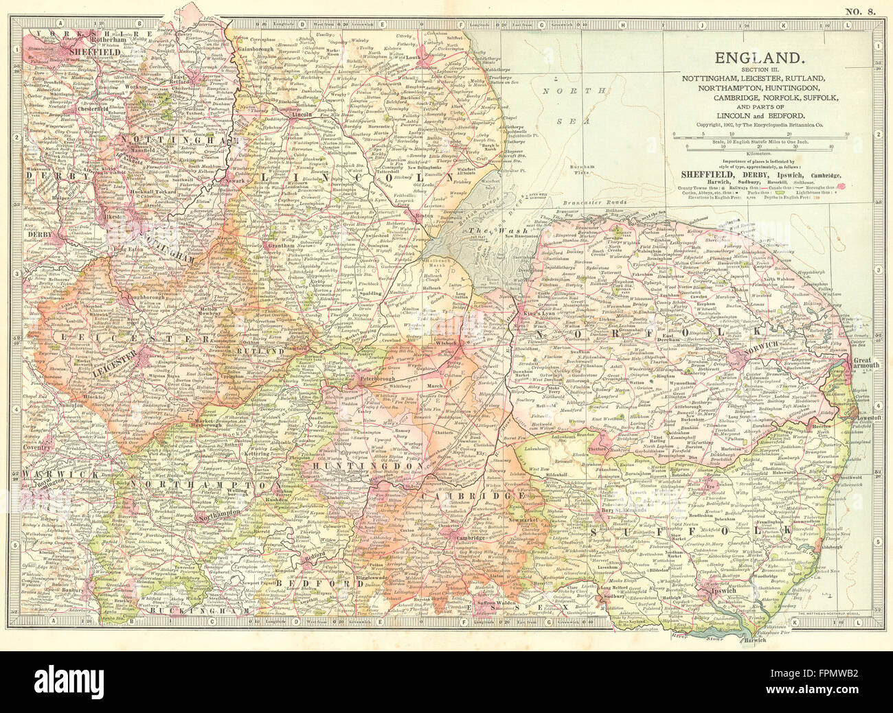 EAST ENGLAND: Midlands Anglia Notts Leics Hunts Norfolk Suffolk, 1903 old map Stock Photo