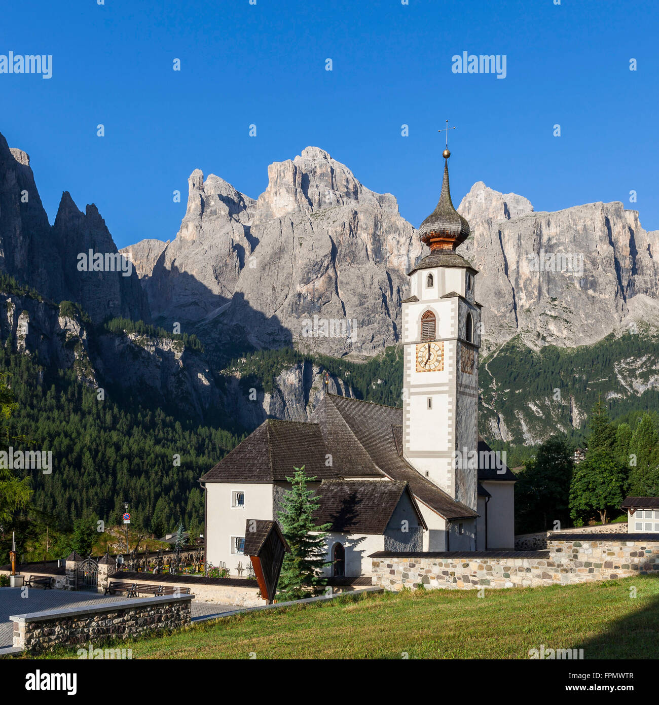 Church in Kolfuschg, Sella in background, Dolomites, South Tyrol, Italy, Europe, Stock Photo