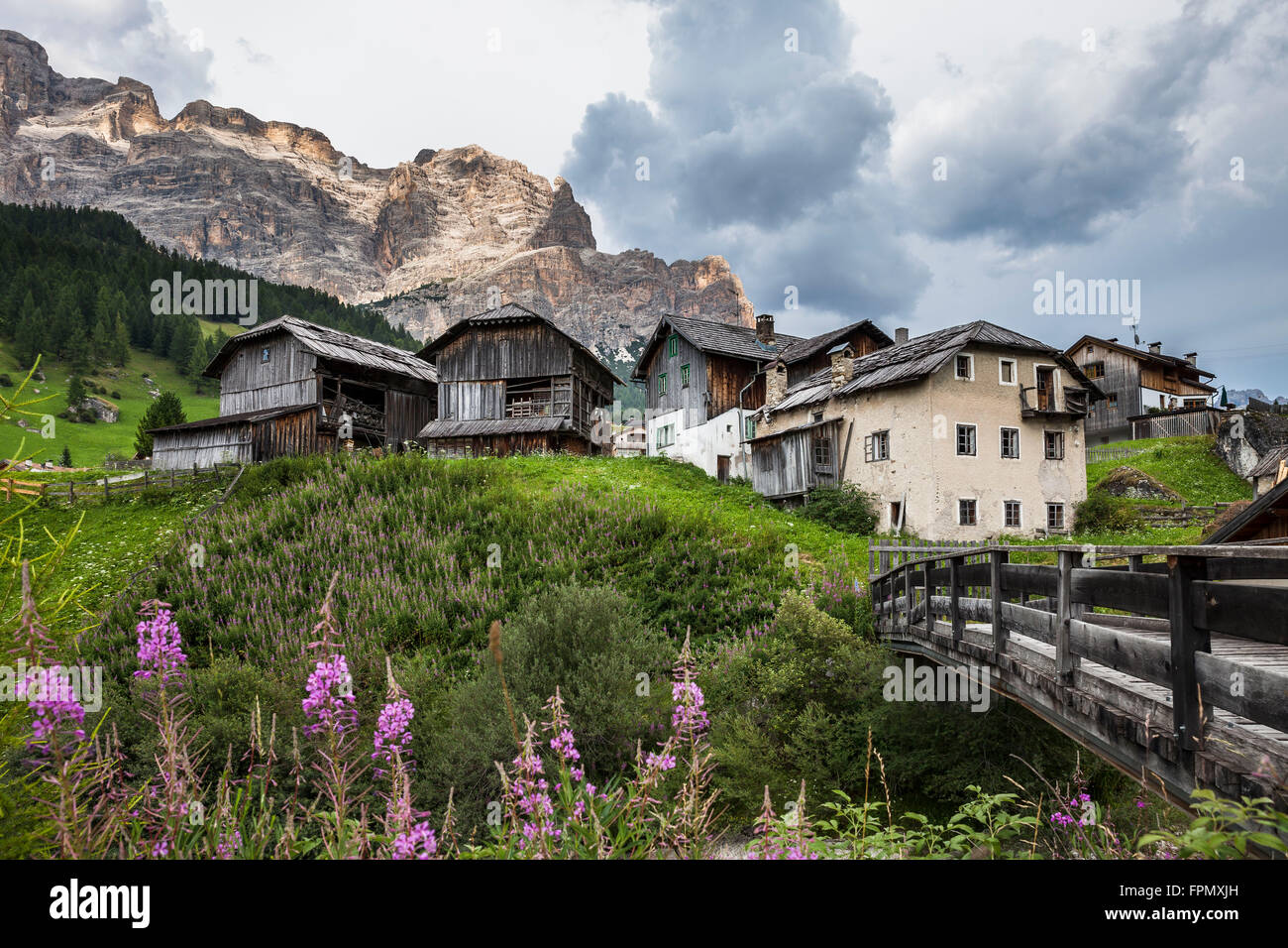 old farmhouses, St. Kassian, South Tyrol, Italy, Europe, Stock Photo