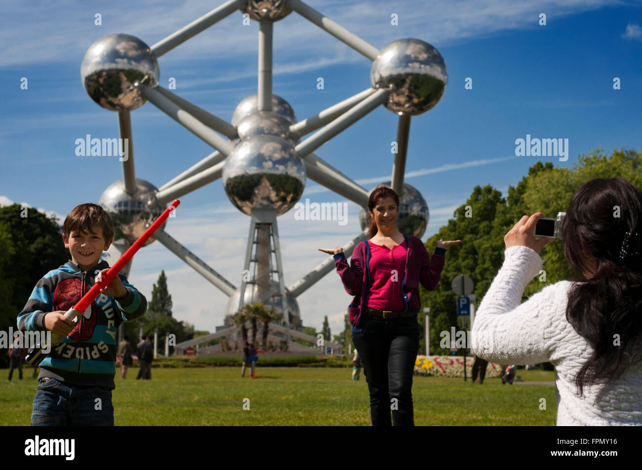The Atomium monument designed by André Waterkeyn, Brussels, Belgium, Europe. The Atomium, with its 102 meters high and 2400 tons Stock Photo