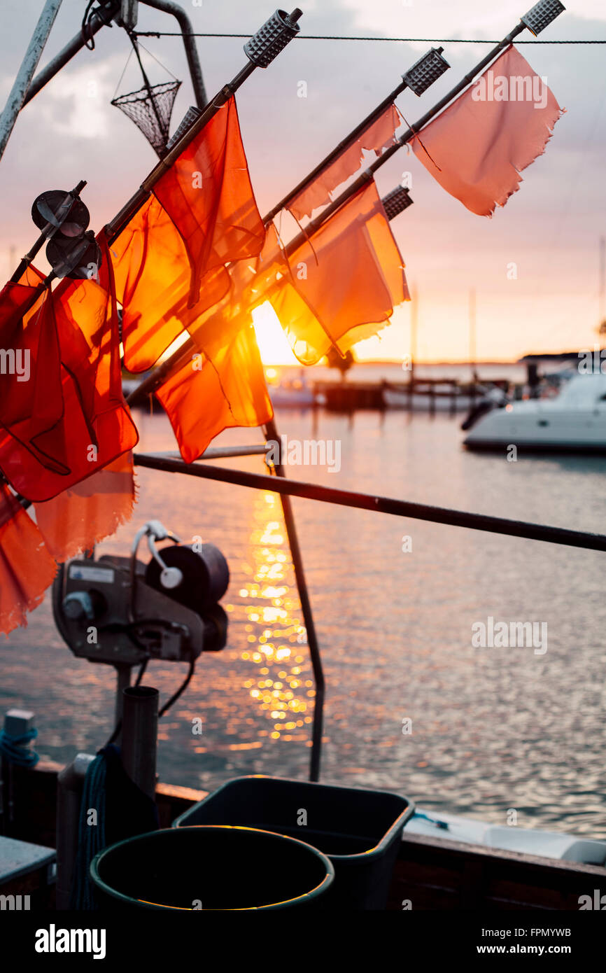 Fishing flags in sunset Stock Photo