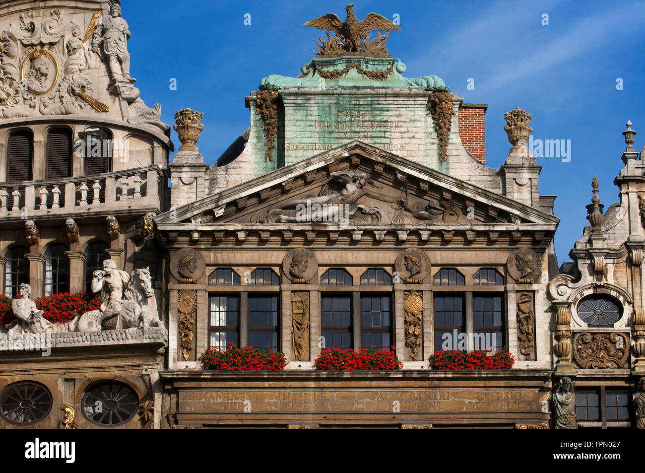 Some of the roofs of Louve, Sac and Brouette at Grand Place, Brussels, Belgium. The Louve, Sac and Brouette are a group of house Stock Photo