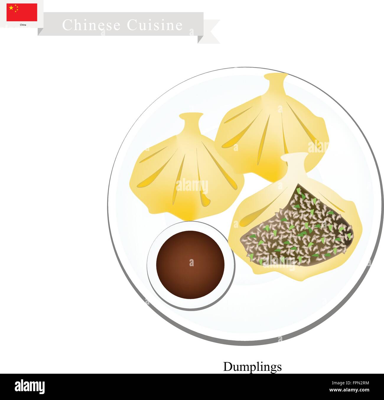 Chinese Cuisine, Illustration of Xiao Long Bao or Chinese Steamed Soup Dumplings. One of Most Popular Dumplings in China. Stock Vector