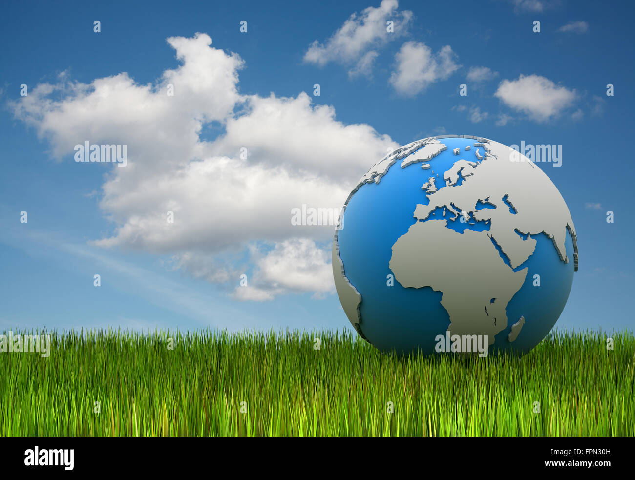 World map on green grass , 3d rendered image Stock Photo - Alamy