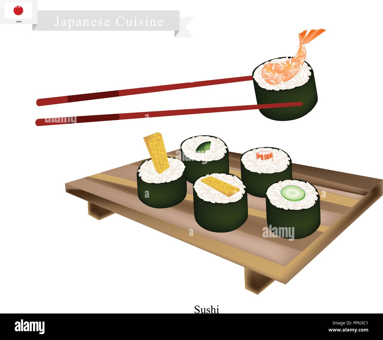 Japanese Cuisine, Illustration of Ebi Tempura, Tamagoyaki, Surimi, Cucumber and Avocado Sushi Roll. One of The Most Popular Dish Stock Vector