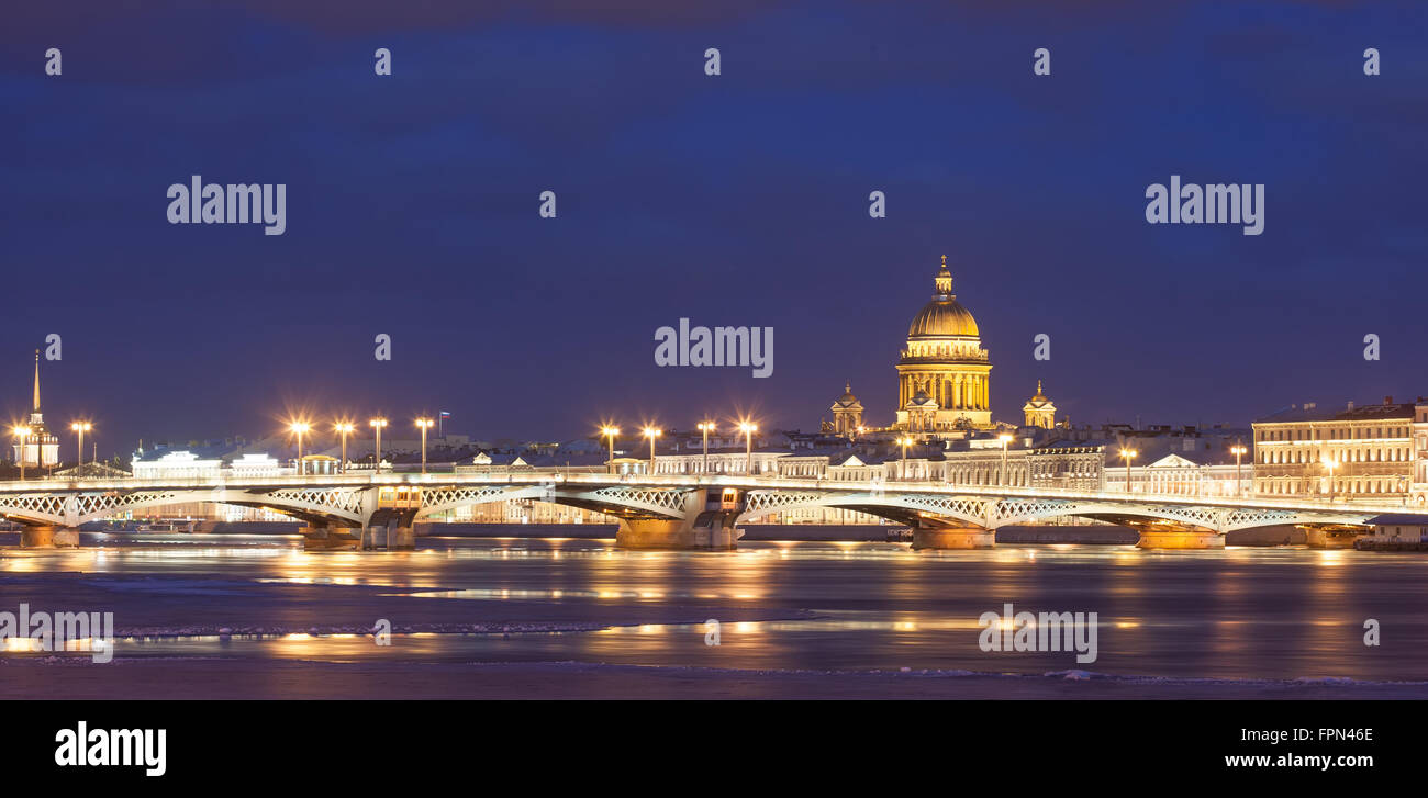 Annunciation bridge, St. Isaac's Cathedral, night  Saint- Petersburg, Russia Stock Photo