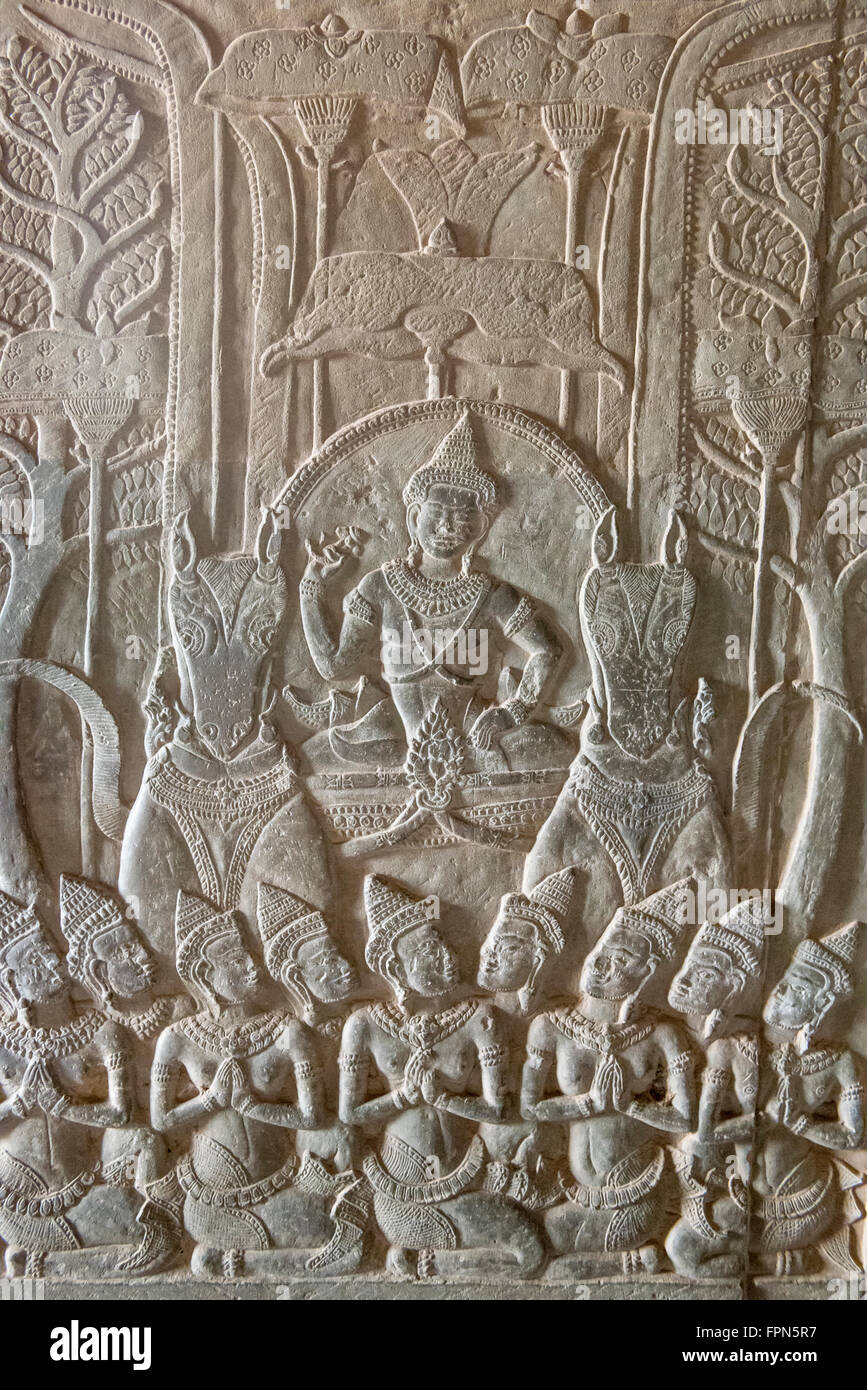 Angkhor Wat, Cambodia Bas Relief from the famous Temple, built by Suryavarman II 1112 - 1152 showing the King in a carriage Stock Photo