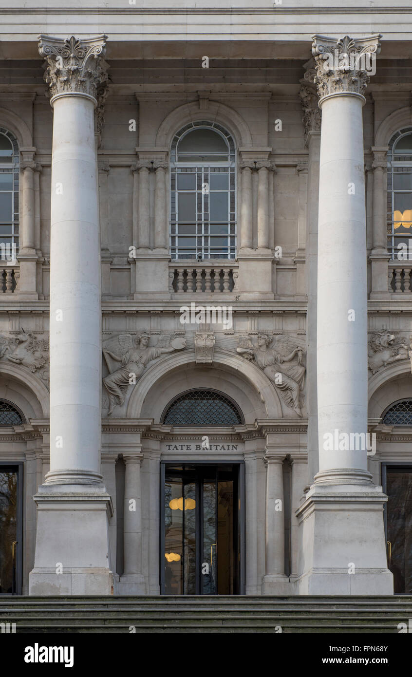 Detail of the facade of the Tate Britain art gallery in Westminster, London. Stock Photo