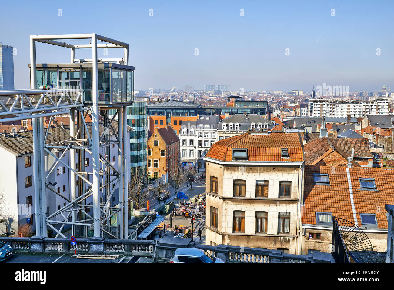 View of the panoramic lift Ascenseur des Marolles. It connects the Poelaert square with street Minimes in center of Brussels Stock Photo