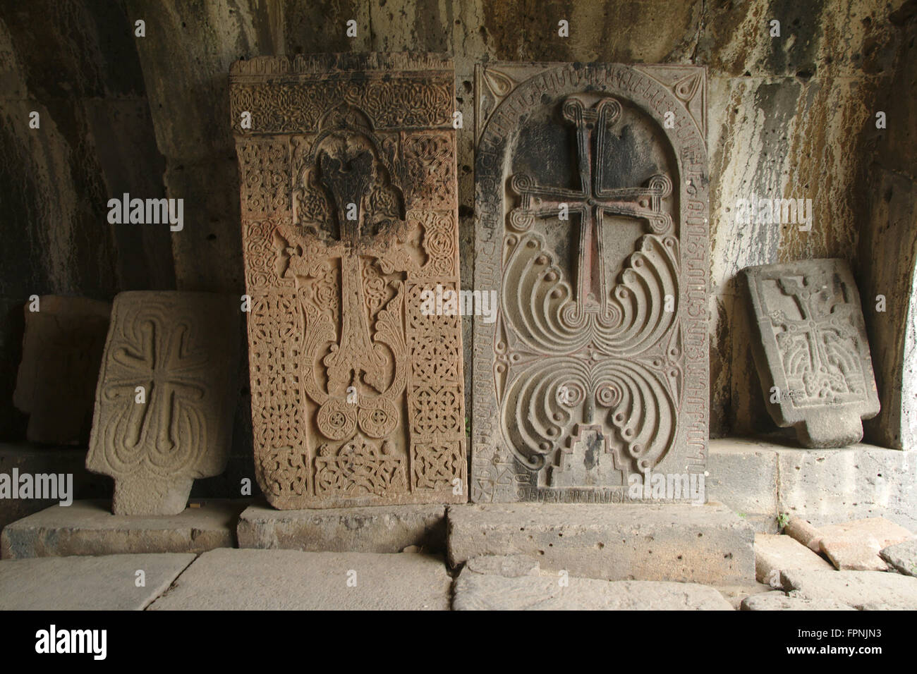 Haghpat Monastery, khatchkar cross stones in the covered corridor, Armenia Stock Photo