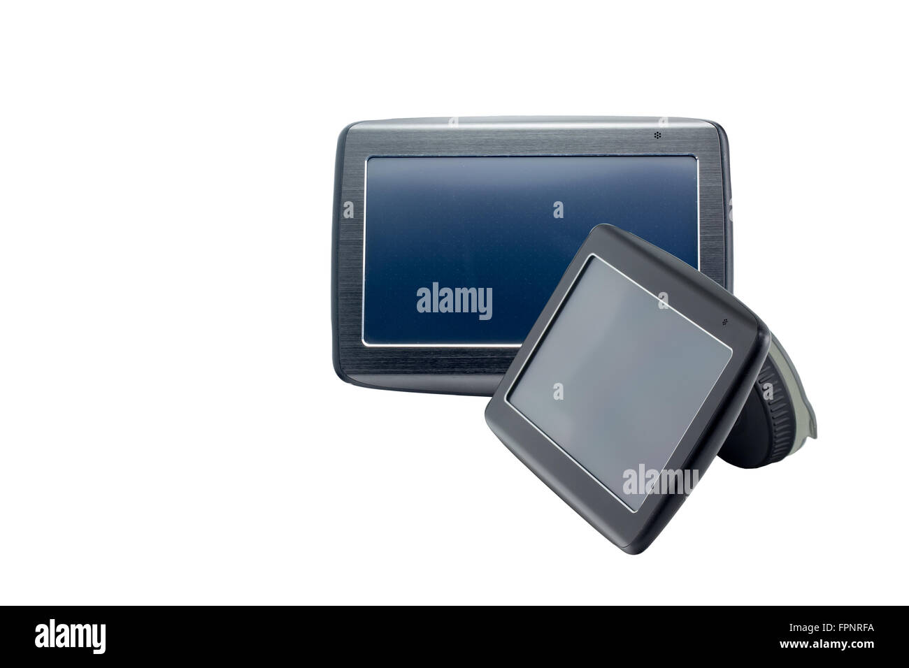 Two Gps navigations with empty dark screen on white isolated background. Front view and side