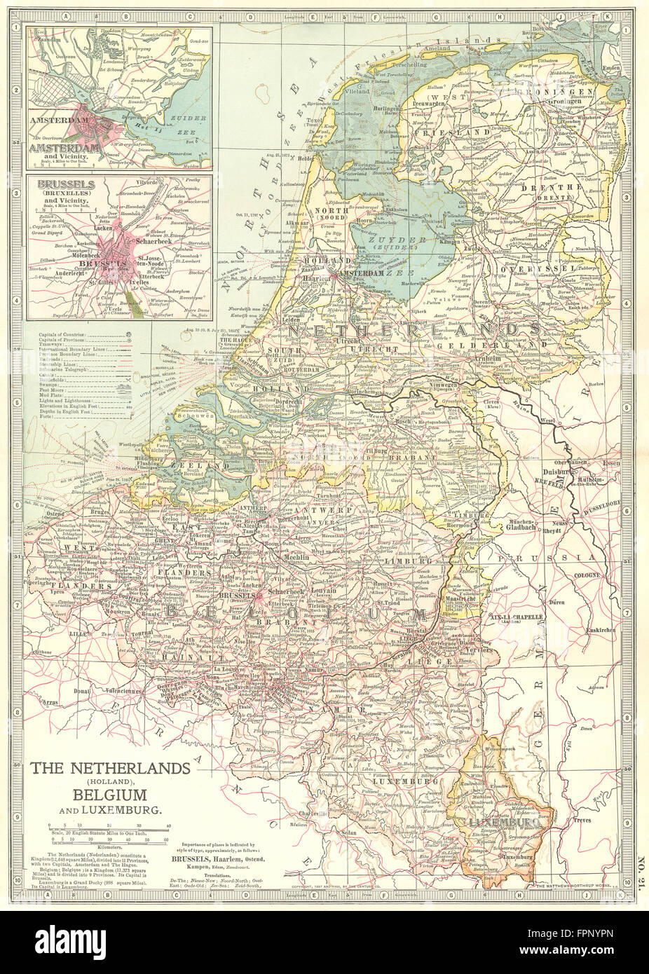 NETHERLANDS BELGIUM LUX:Amsterdam Brussels.Shows battlefields/dates, 1903 map Stock Photo