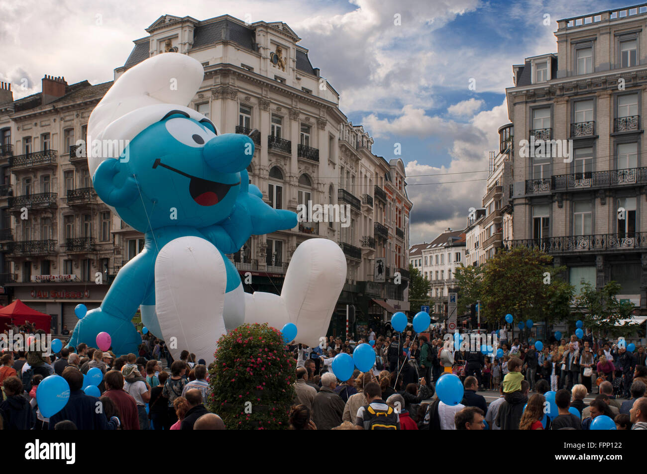 Balloon's Day Parade, Brussels, Belgium. An inflatable of Belgian comics series character Spirou collapsed as paraded during the Stock Photo