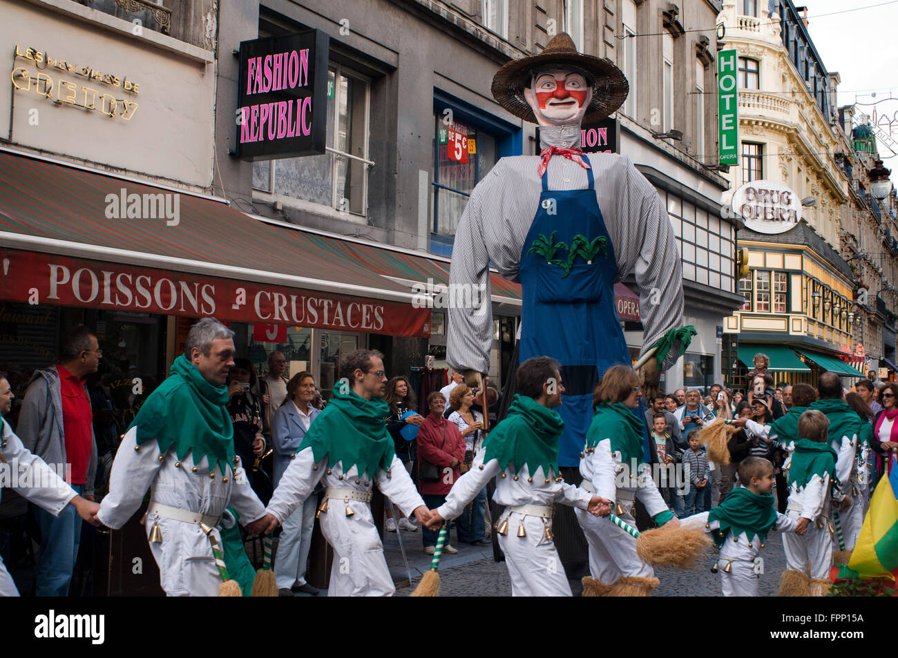 Music and dancers during during Giants Parade, Brussels, Belgium. All actors from the famous Meyboom parade will be there: the C Stock Photo